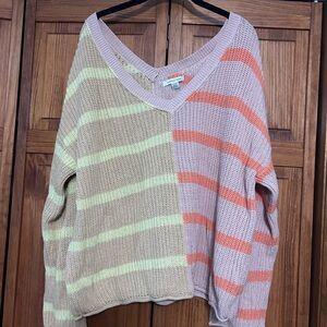 American Eagle Outfitters V-Neck Sweater - Cream and Orange Stripes
